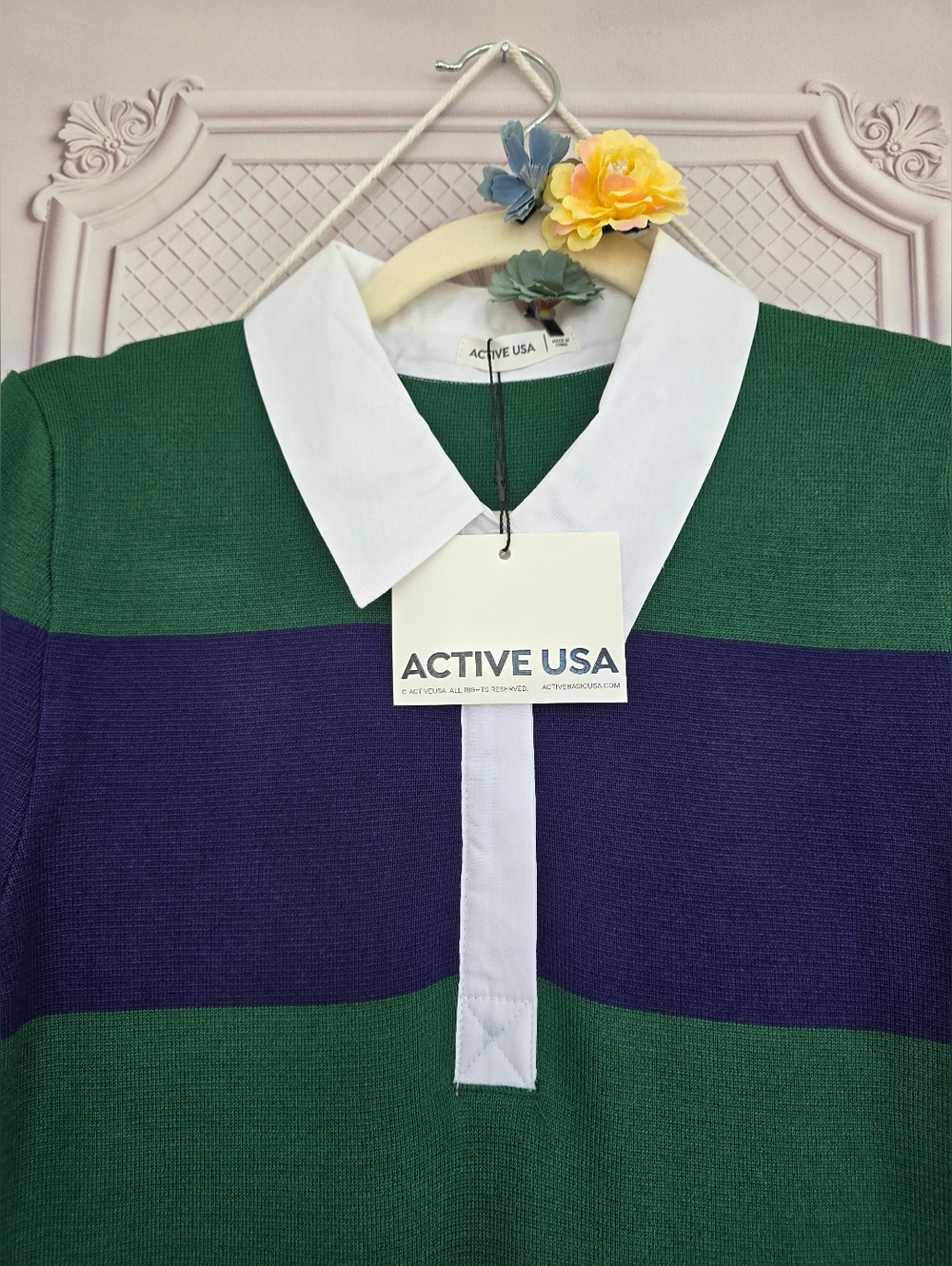 ​Active USA Striped Knit Polo Midi Dress - Navy & Green Preppy Collared Sheath - Picture 4 of 15